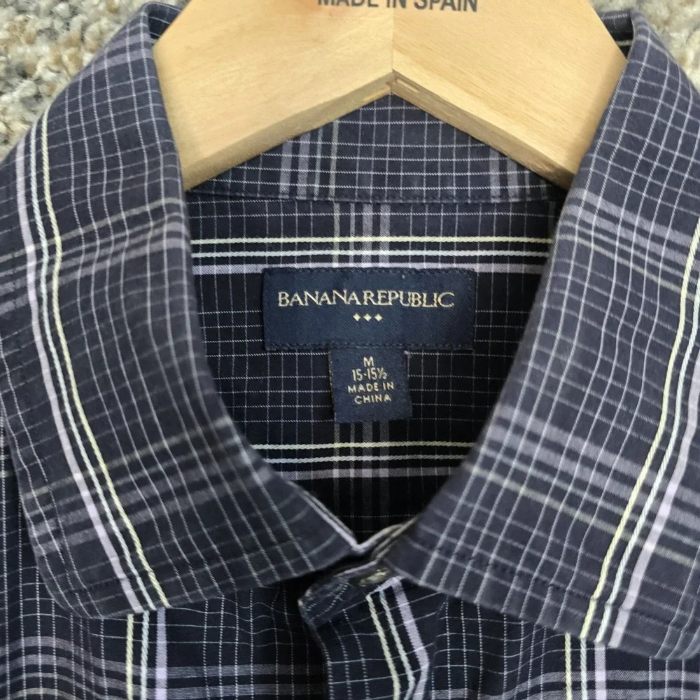 Banana Republic Dress Shirt Mens‎ 15-15.5 Blue Plaid Button Up Cotton Career